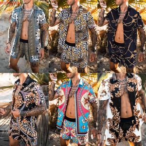 Mode hawaïen imprimé chemise à manches courtes ensemble hommes plage impression Shorts + hommes quotidien plage chemise deux pièces X0610