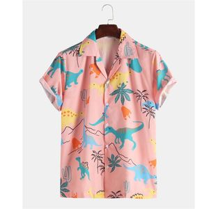 Mode Hawaiian Shirt Mens Grappige Stijl Dinosaur Cartoon Gedrukt Korte Mouw Roze Shirts Mannen Koreaanse kleding Gratis 210626