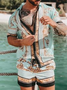 Mode chemise hawaïenne ensemble hommes impression ensemble à manches courtes été décontracté chemise florale plage deux pièces hommes ensembles S-3XL 240201