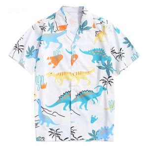 Camisas hawaianas de moda para hombres, camisas hawaianas de dinosaurio para hombre con estampado de dibujos animados en blanco y rosa, camisa informal coreana para vacaciones 210527