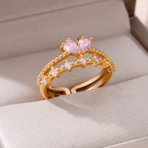 Mode Coeur Ouvert 14k Bagues En Or Pour Femmes Hommes Couple Rose Cristal Zircon Double Couche Bague Bijoux Fête De Mariage Cadeau De Mariée