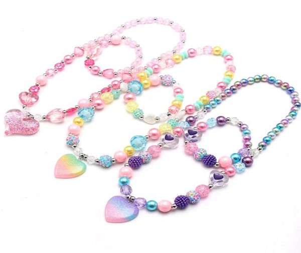 Mode coeur pendentifs perles collier Bracelet coloré filles enfants perles ensemble de bijoux Adordable enfant en bas âge enfant cadeaux 6280851