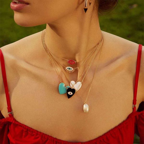 Collar con colgante de ojo de perla con labios de arcoíris y corazón a la moda para mujeres y niñas, joyería de cristal clásica Simple, regalo de fiesta de cumpleaños dorado