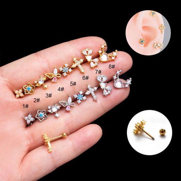 Mode Helix boucle d'oreille vis Barbell croix papillon fleur goujons chirurgical en acier inoxydable Piercing oreille anneau boucles d'oreilles nouveau Cz Zircon mode Earbone unique os Stud