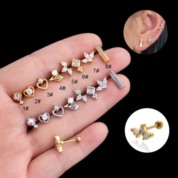 Mode Helix boucle d'oreille vis coeur Barbell goujons chirurgicaux en acier inoxydable oreille anneau boucles d'oreilles brillant cubique zircone os clou oreille os Stud Piercing Bijoux de corps Bijoux