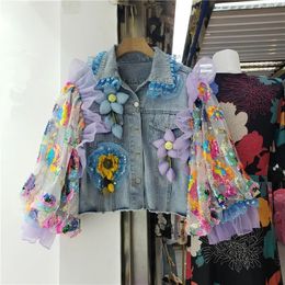 Fashion Hem Burrs Denim veste femme paillettes Mesh Lantern Sleeve Big Pocket Cowboy Sorwear Loose Short Jeans Vestes Femme 240322