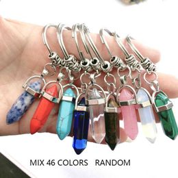 Mode zeshoek Prism Designer Car Keyring Natural Stone Pendant Keychain Natural Quartz Stones Pink Crystal Keychains Accessoires