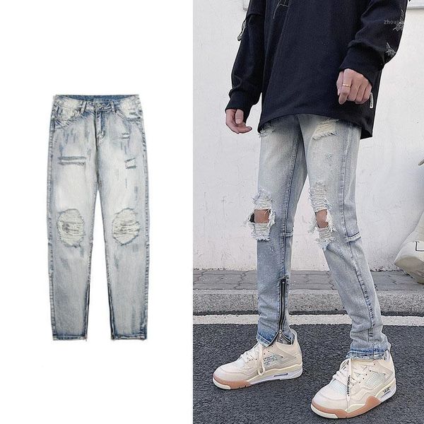 Moda Hi-street Mens Hip Hop Skinny Fit Vintage Washed Denim Pants Jeans rasgados desgastados con agujeros Cremalleras laterales para hombres