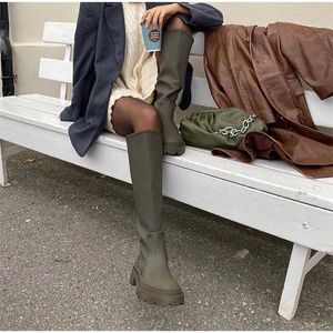 Mode Hoge Boot Dames Dames Lange Laarzen Solid PU Lage Hak Vrouwen Schoenen Slip op Platform Herfst Winter Vrouwelijke Schoenen 211217