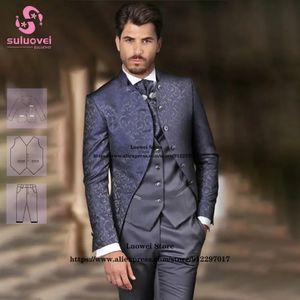 Mode High Collar Floral Tuxedos Suits For Men Slim Fit Jacquard 3 -delige broek Set Bruidegom bruiloft Dinner Party Blazer Masculino 240408