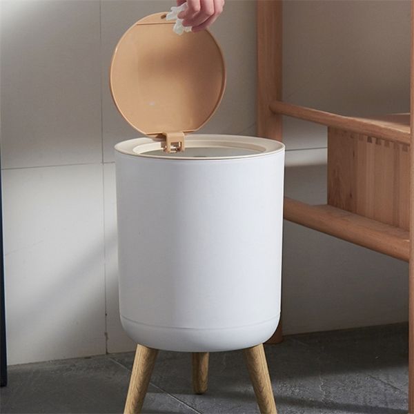 Mode haut pied Imitation bois poubelle ronde bureau avec presse couverture poubelle salon toilette cuisine poubelle 220408