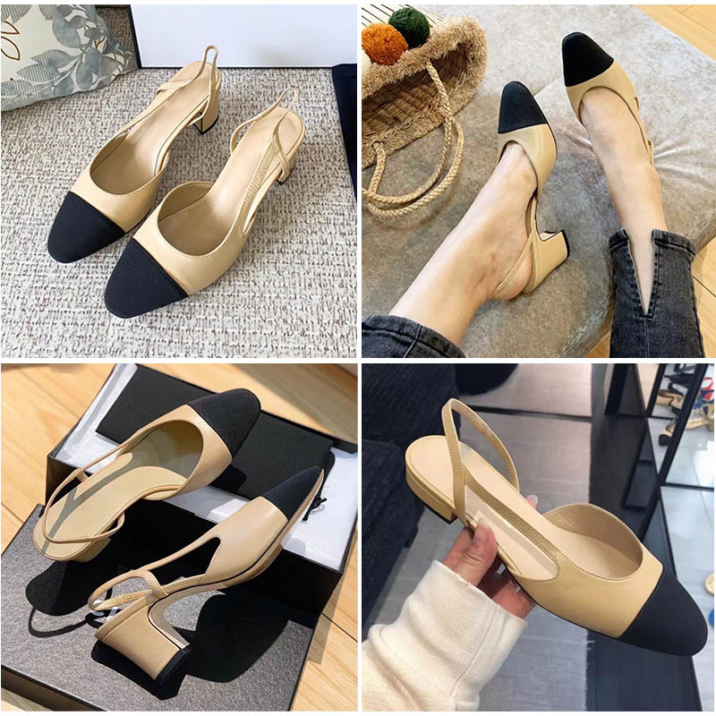 Mode Talons Hauts Dames Chaussures Habillées Sandales Printemps Automne Bout Rond Couleur Beige Noir Vrai Cuir Abricot 6.5CM 35-41 Chaton Talon D'été Femmes Designer Chaussures