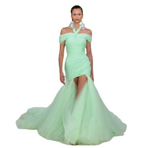 Mode haut bas sirène robes De soirée licou froncé Tulle robe De célébrité hors épaule vert rencontrer Gala Vestidos De Novia