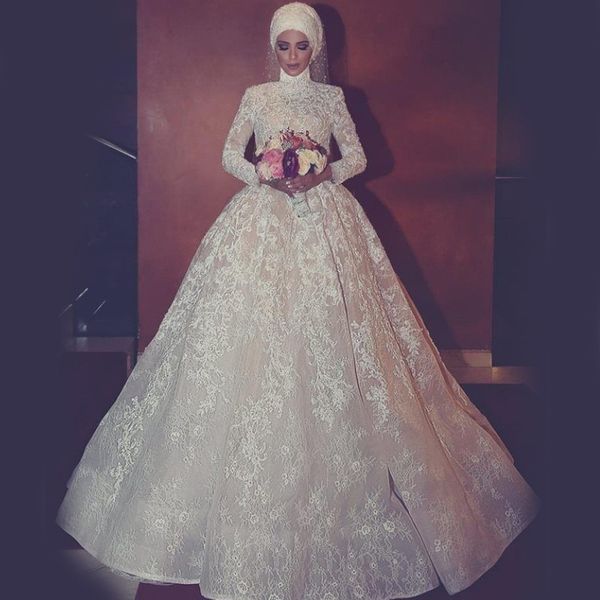 Mode robe de mariée col haut classique A-ligne dentelle appliques manches longues robes de mariée mariée sur mesure robes de mariée en dentelle gracieuse