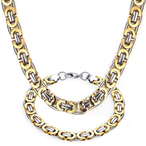 Mode haute qualité en acier inoxydable 316L argent or deux tons plat byzantin lien chaîne collier + bracelet unisexe ensemble de bijoux