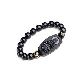 Mode-Haute Qualité Obsidienne Noire Naturelle Sculpté Bouddha Chanceux Amulette Perles Rondes Bracelet Pour Femmes Hommes Bracelet Bijoux S915