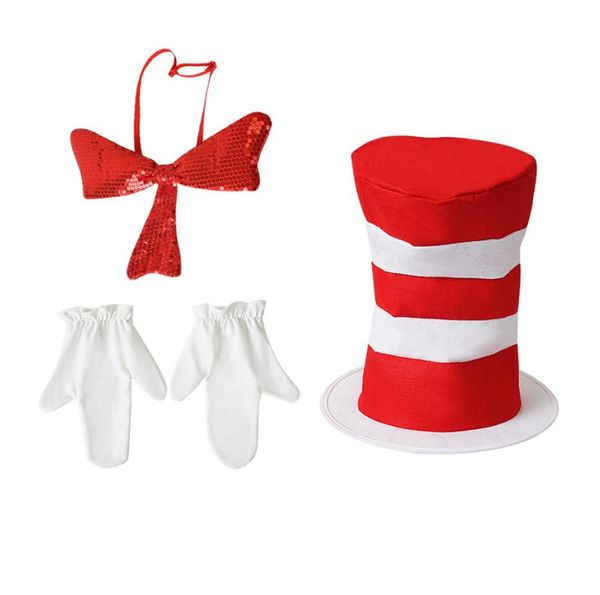 Mode High Stage performance Chapeaux Dr Seuss Hat Enfants rouge blanc bande chapeau magique paillettes Noeud papillon avec des gants 3pcs enfants Perform2207106