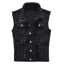 Mode High Street Mannen Denim Vest Punk Stijl Klinknagel Jeans Vest Plus Size M-5XL Mannelijke Motorfiets Mouwloze Jean Jas Black243s