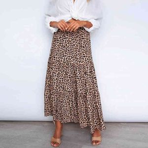 Mode haute taille plage jupe longue femme été léopard imprimé jupe bohème pour femme jupe mi-mollet moelleuse 210514