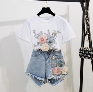 Mode High Taille Jeans Shorts Sets 2024 Summer Women 2-Piece Sets Borduurwerk 3D Flower T-Shirt Top+Denim Shorts Tweedelige Set G518