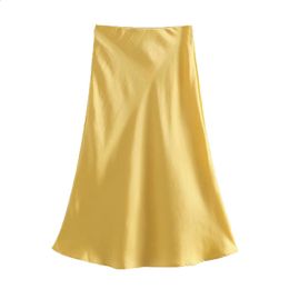 Mode High Taille Satin Skirts Dames Vintage Geel geplooide Streetwear Koreaanse zomer Casual Boho Midi 210521