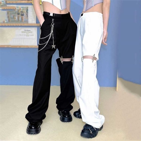 Mode taille haute pantalon à jambes larges rue Harajuku pantalon noir femmes grande taille décontracté pantalon ample (avec ceinture et chaîne) 211115