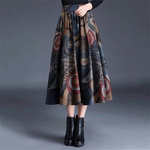 Mode hoge taille wollen print geplooide rok vrouwen plus size vintage dikke midi vrouwelijke faldas grote swing wol lange s 210421