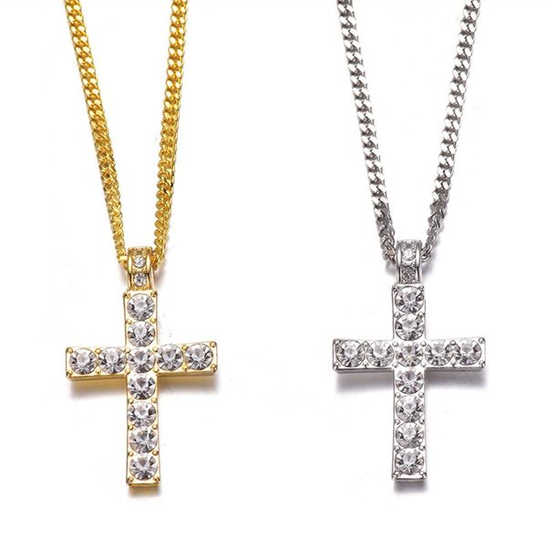 Mode Hip Hop Alliage Croix Pendentif Collier Glacé Strass Or Argent Couleur Tone Crucifix Charme Bijoux