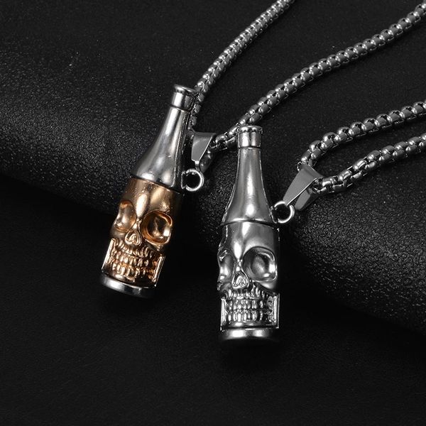 Mode Hip hop bouteille crâne pendentif rétro titane acier colliers pour hommes et femmes pull bijoux gothique accessoires cadeau