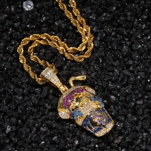 Mode - Hip Hop Coloré Bling Bling Diamant Or et Or Blanc Plaqué Dessin Animé Boissons Tasse Pendentif Collier Rappeur Bijoux pour Amoureux