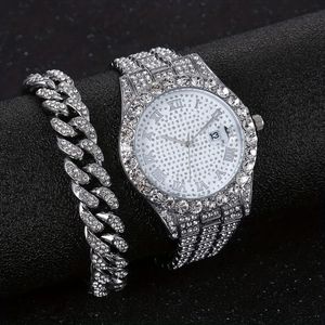 Bracelet cubain Hip-hop Fashion Band en acier Faux Diamond Watch Fashion Mens Watch Set 240425