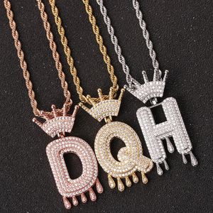 Mode Hip Hop Iced Out Bling Kubieke A-Z Drip Kroon Zirkoon Letters Kettingen Hanger Ketting Voor Mannen Sieraden 240131