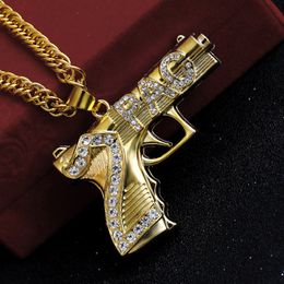 Fashion Hip Hop Iced Out Pendant Necklace Jewelry Gold Chain Gun Shape Pistol Necklaces For Men