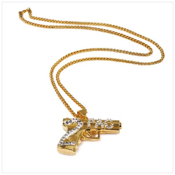 Mode-Hip Hop Iced Out Pendentif Collier Bijoux Chaîne En Or Pistolet Forme Pistolet Pendentif Collier Pour Hommes