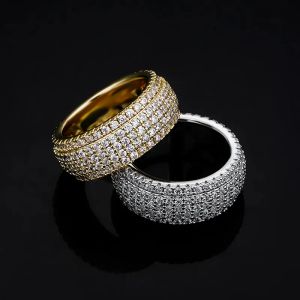 Mode Hip Hop avec pierres latérales anneaux 5 rangées CZ pierre pavé Bling glacé rond bague pour hommes femmes rappeur bijoux