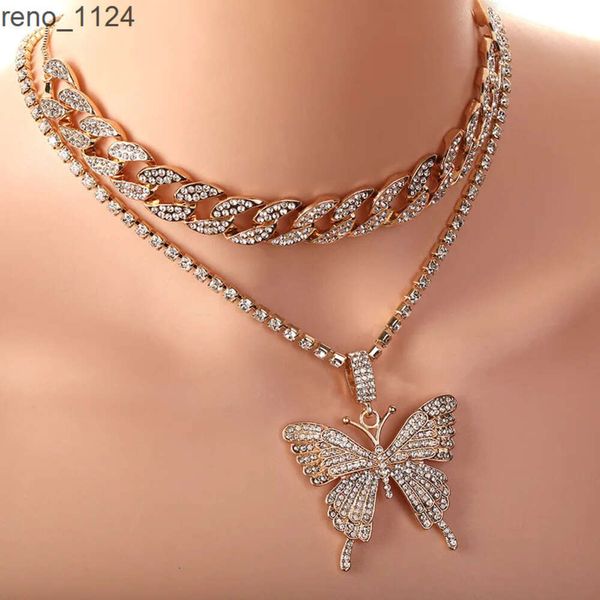 Collier papillon en strass Style Punk Hip pour femmes, chaîne à maillons cubains Miami, chaîne de Tennis