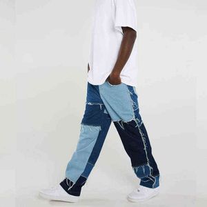 Mode Hit Color Hip-Hop Casual Retro Broek Nieuwe Plaid Print Stitching Jeans Straight Pocket Broeken 2021 Extra grote G0104