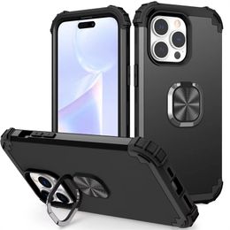 Hybrid 3in1 Standstand Defender Ring Stand Shockproof Cases voor iPhone 14 14Plus 14 Pro 14 Pro Max Magnetic Car Holder Hard PC Soft Silicone TPU Mobiele telefoon Cover