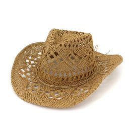 Mode Hollowed Handmade Cowboy Straw Hat Women Men Men Summer Outdoor Travel Beach Hoeden Unisex Solid Western Sunshade Cap 2023 240415
