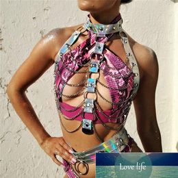 Mode holographique deux pièces ensemble harnais de corps chaînes en métal sexy taille supérieure ceinture de servitude fête boîte de nuit Rave tenues de festival Fac1756