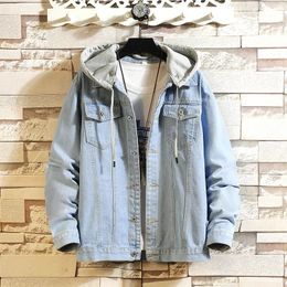 Fashion Hooded Denim Jacket Men Turn Collar Celar Casual Jean Outerwear Streetwear Hip Hop Solid Color Loose Denim Coat Man 240401