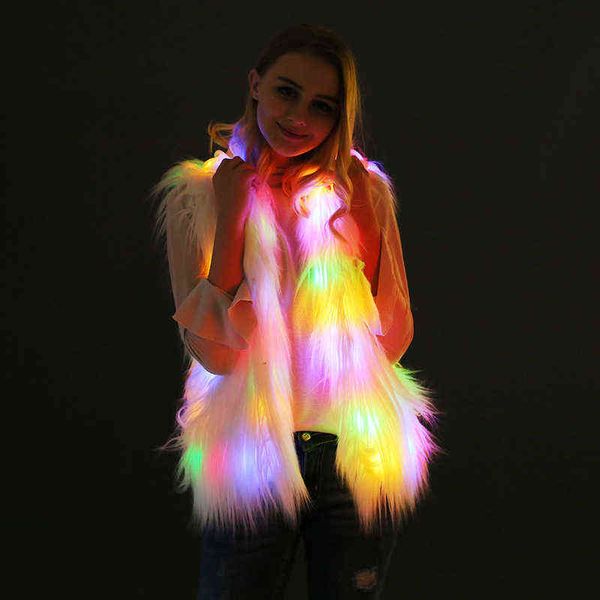 Moda chaleco con capucha abrigo largo de lana con luz LED club nocturno vestido de baile 211207