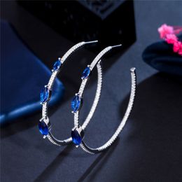 Mode Hoop designer boucle d'oreille Big Circle 925 Sterling Silver Post Bleu Vert AAA Cubic Zirconia Cuivre boucles d'oreilles Pour Femmes Bijoux Cadeau Mariée Mariage Fiançailles Cadeau