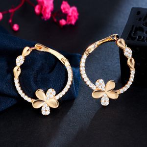 Boucles d'oreilles de créateur de bijoux à la mode, plaqué or 18 carats, zircone cubique AAA, boucles d'oreilles en forme de fleur en cuivre blanc CZ, boucles d'oreilles circulaires pour la Saint-Valentin pour femmes, cadeau de fête pour filles