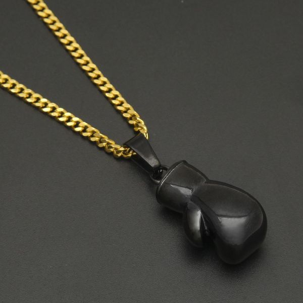 Fashion-Hop Collier Bijoux Gants en acier inoxydable noir de boxe Pendentif collier avec 3 mm * 60 cm Chaîne en or de Cuba