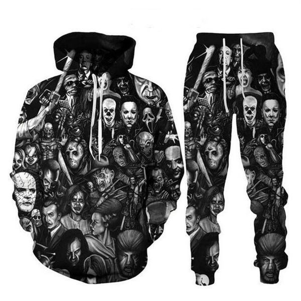 Mode film d'horreur Clown 3D partout imprimé survêtements hommes femmes Halloween sweat à capuche joggers pantalon Suit229Y