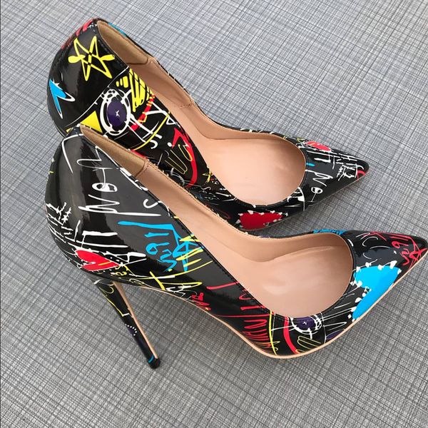 Mode Chaude Graffiti En Cuir Super Haute Talons De Noce Dames Chaussures Femmes 8/10/12 Cm Plus La Taille 43 44 45