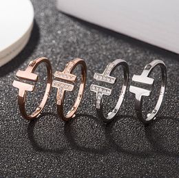 Mode Hot Love Sieraden S925 Sterling Zilveren Ringen voor Dames Open Diamond Ringen Rose Gold Letter T Style Wedding Ring