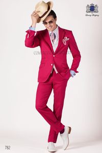 Mode Hot Pink Groom Tuxedos Notch Revers Groomsmen Robe De Mariée Pour Hommes Bel Homme Veste Blazer 3 Pièces Costume (Veste + Pantalon + Gilet + Cravate) 925