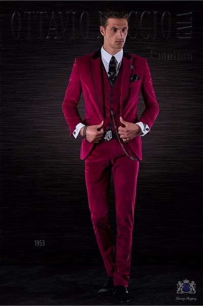 Moda Hot Pink Velvet Groom Tuxedos Otoño Invierno Estilo Padrinos de boda Hombres Vestido de novia Hombre Chaqueta Blazer Traje de 3 piezas (Chaqueta + Pantalones + Chaleco + Corbata) 1